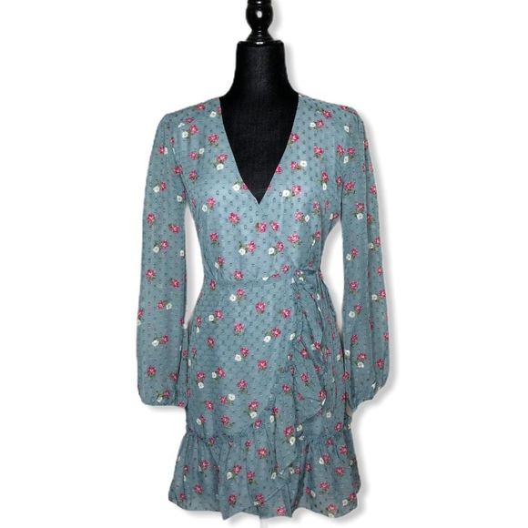 Wayf Eloise Long Sleeve Blue Mini Wrap Dress NWT - Picture 7 of 15